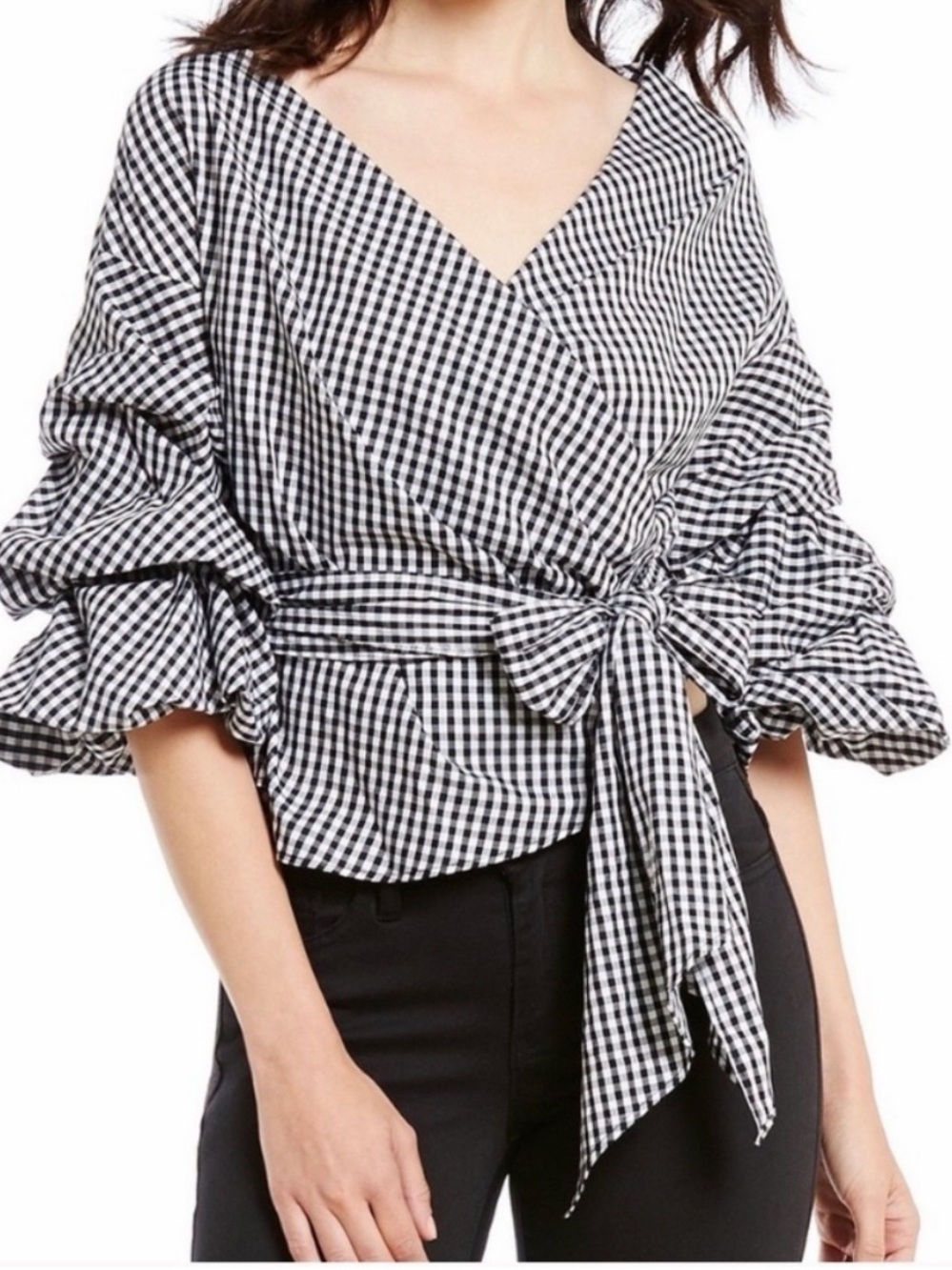Gianni Bini Black & White Gingham Wrap Blouse with Tie